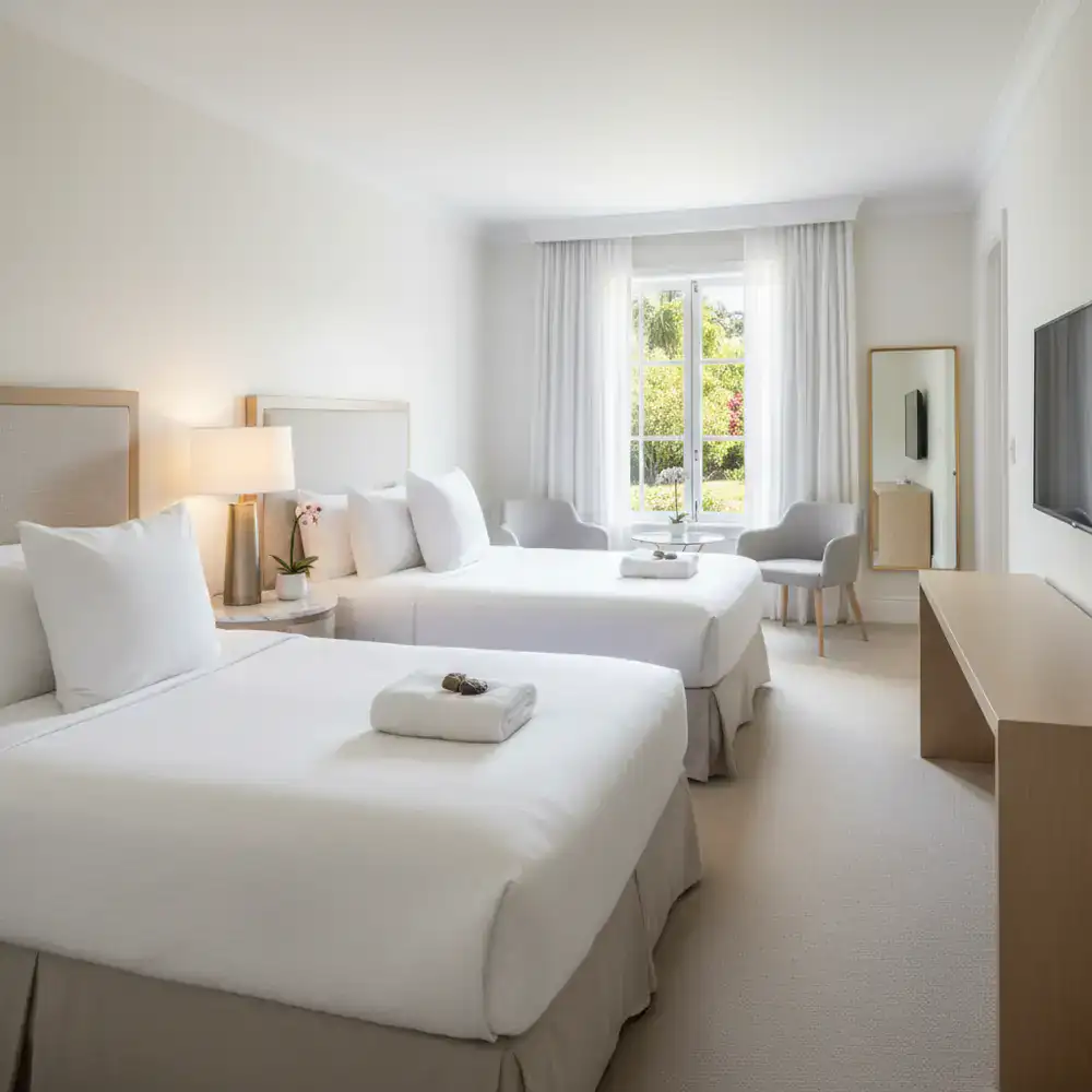 Pristine, brightly lit hotel-style bedroom ready for guests