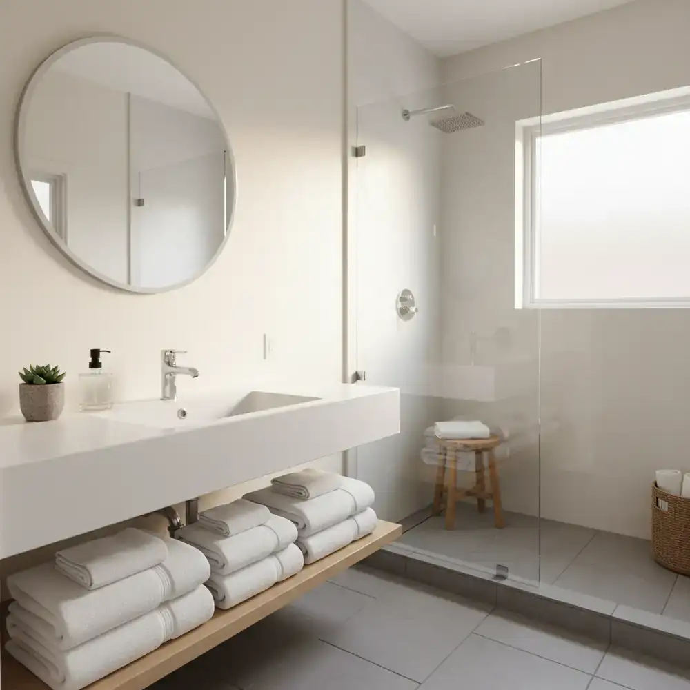 Immaculately clean and staged rental bathroom with folded towels