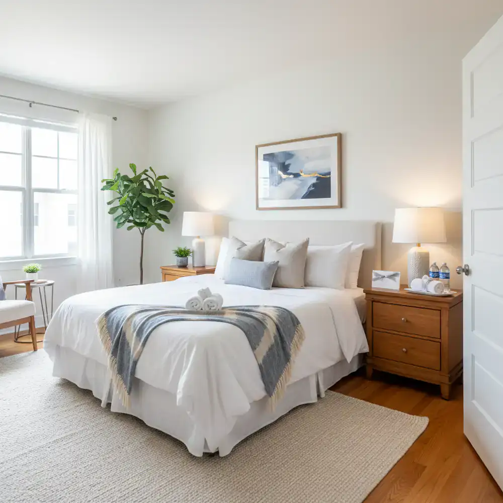 Pristine, hotel-like bedroom prepared for Airbnb guests