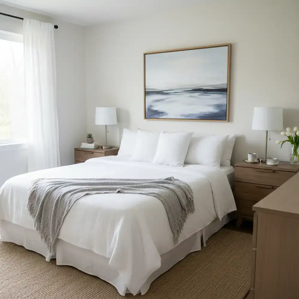 Beautifully cleaned and staged Airbnb bedroom with crisp white linens