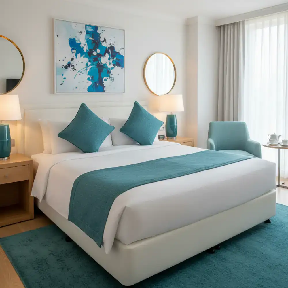 Freshly staged hotel-style bedroom with pristine white linens and teal accents