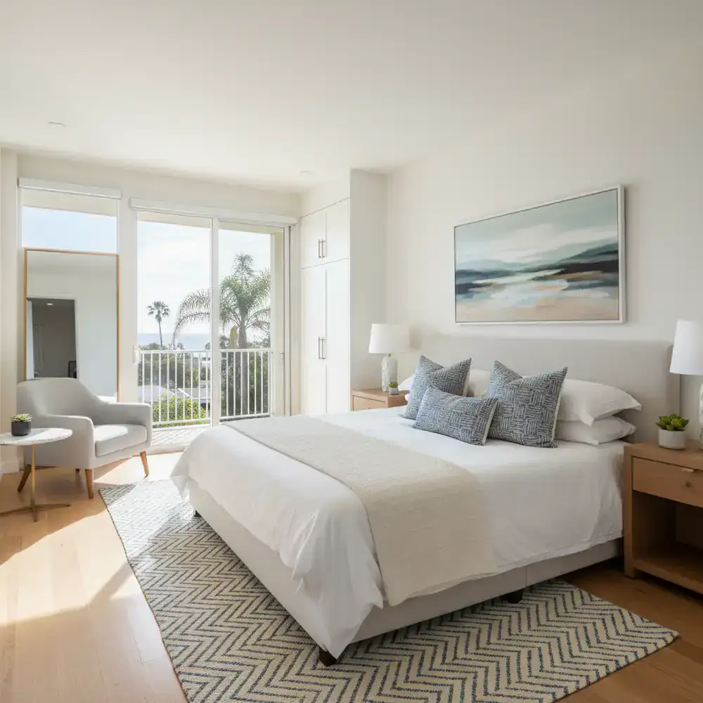 Immaculate bright hotel-style bedroom in a San Diego short term rental