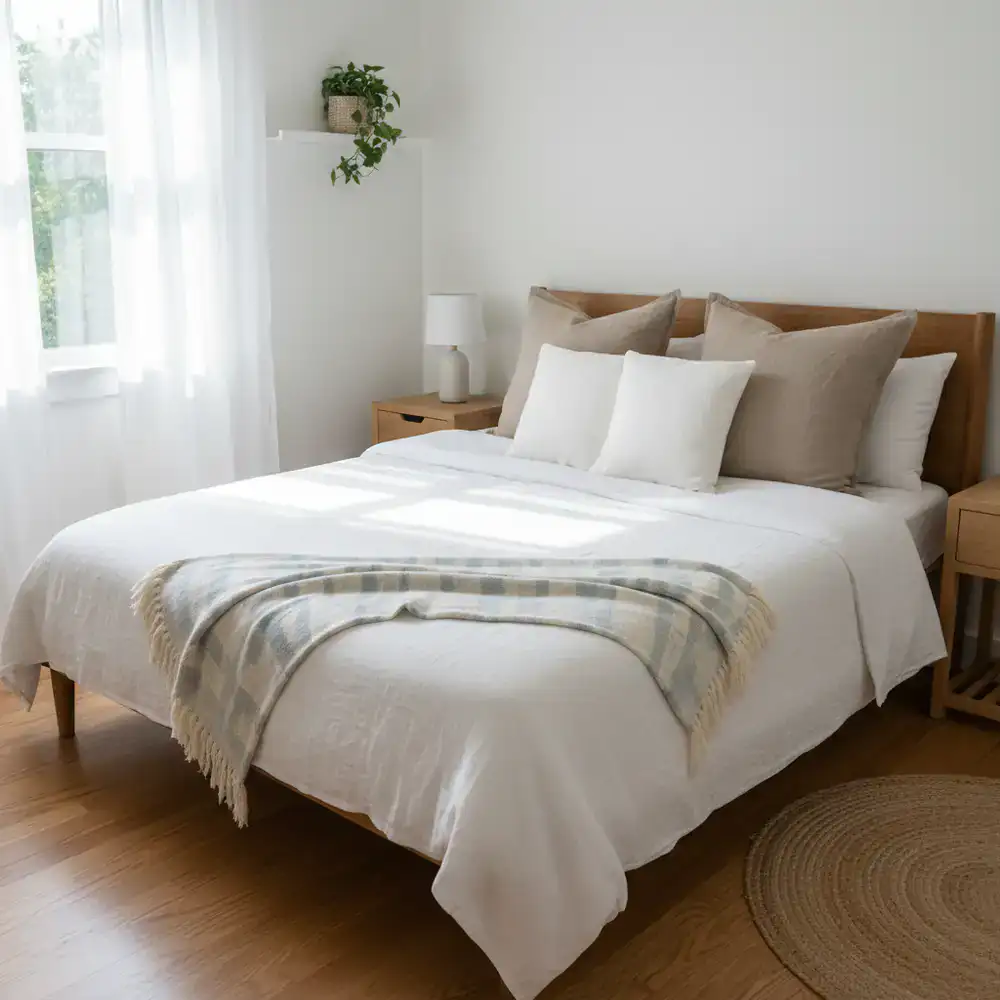 Impeccably made bed in a short-term rental