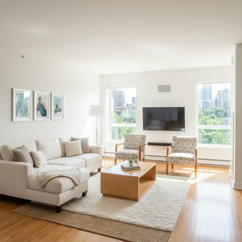 Immaculately clean living room ready for Airbnb guests