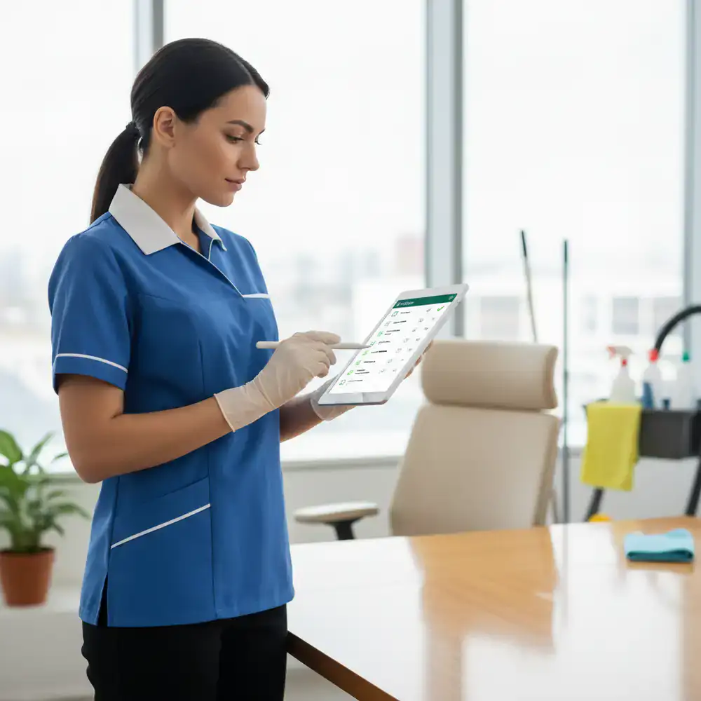 Cleaner conducting a digital inspection on a tablet